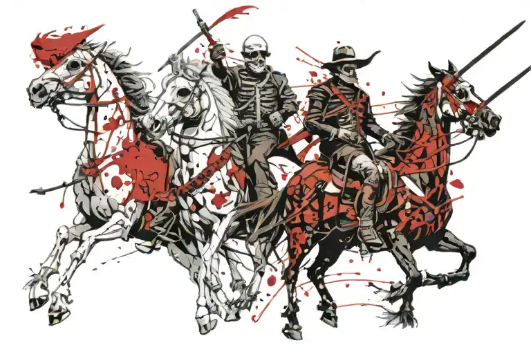 4 horsemen of the apocalypse skeleton riding each with diffent melee weapons all  riding towards the left direction tattoo design idea