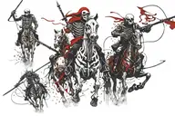 4 horsemen of the apocalypse skeleton riding each with diffent melee weapons facing the same direction tattoo design idea