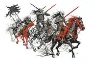 4 horsemen of the apocalypse skeleton riding each with diffent melee weapons all  riding towards the left direction tattoo design idea