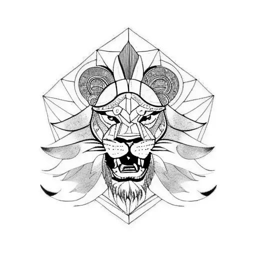 A fierce lion with wings and a Spartan helmet in blackwork style tattoo design idea