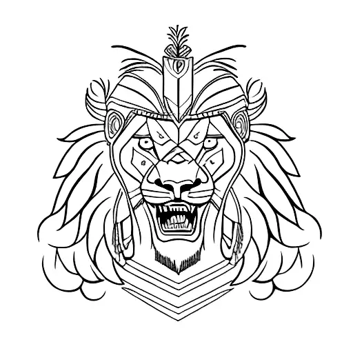 A fierce lion with wings and a Spartan helmet in blackwork style tattoo design idea