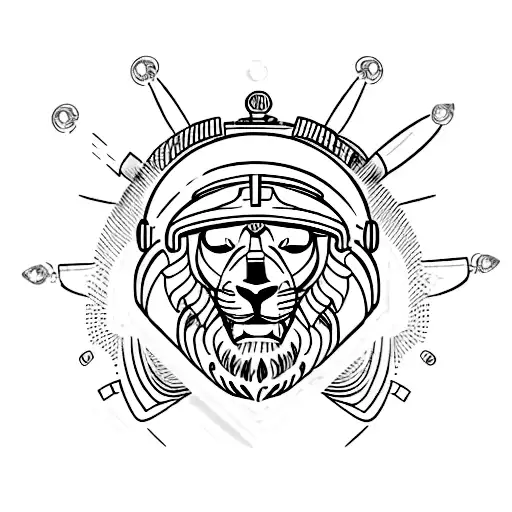 A pilot's helmet adorned with a lion's face and Spartan symbols tattoo design idea