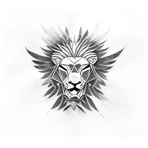 A fierce lion with wings and a Spartan helmet in blackwork style tattoo design idea