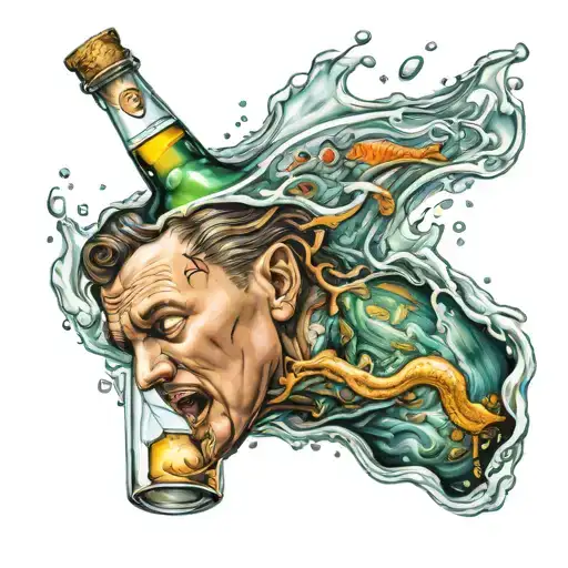 alcoholism, man drowns in bottle morphing tattoo design idea