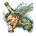 alcoholism, man drowns in bottle morphing tattoo design idea