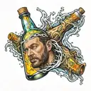 alcoholism, man drowns in bottle morphing tattoo design idea