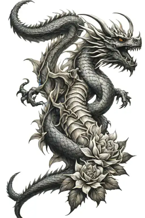 dragon breathing fire on spine tattoo with flowers tattoo design idea
