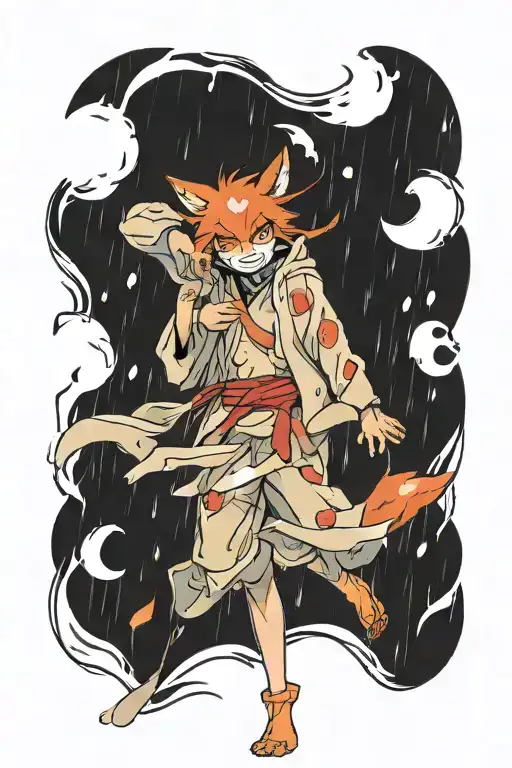 boy with kitsune mask dancing in the rain tattoo design idea