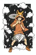 boy with kitsune mask dancing in the rain tattoo design idea