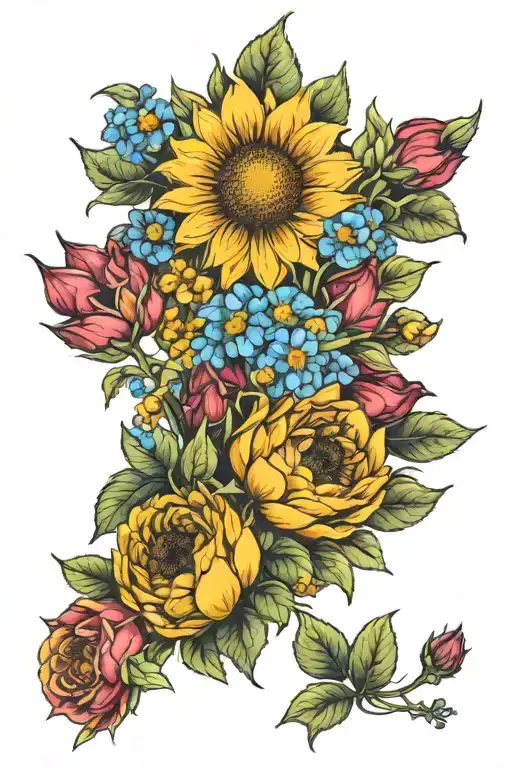 forget me nots, sunflowers, roses growing tattoo design idea