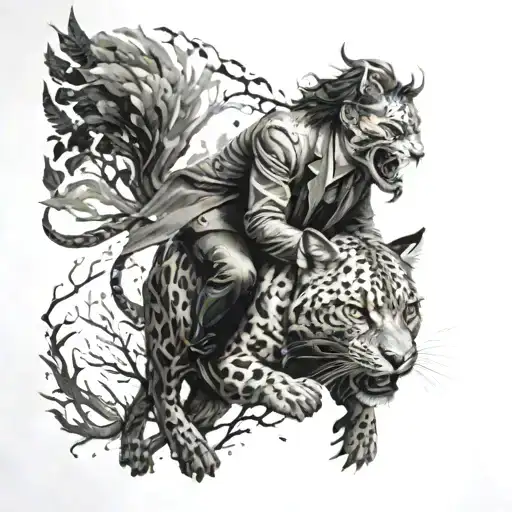 A black-grey tattoo of a joker riding a leopard through a forest filled with ravens, capturing the essence of wild life and mystery tattoo design idea