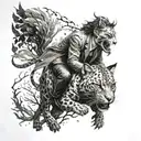 A black-grey tattoo of a joker riding a leopard through a forest filled with ravens, capturing the essence of wild life and mystery tattoo design idea