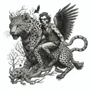 A black-grey tattoo of a joker riding a leopard through a forest filled with ravens, capturing the essence of wild life and mystery tattoo design idea