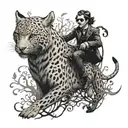 A black-grey tattoo of a joker riding a leopard through a forest filled with ravens, capturing the essence of wild life and mystery tattoo design idea