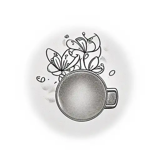 steaming coffee mug. dove above it. surrounded by a flower garden tattoo design idea