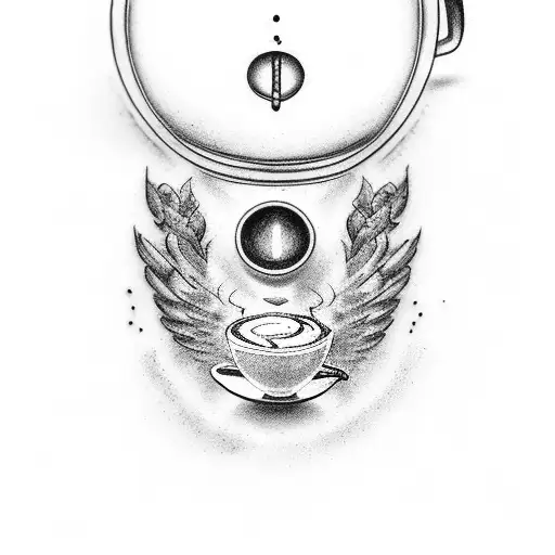 steaming coffee mug turning to dove with halo on its head tattoo design idea