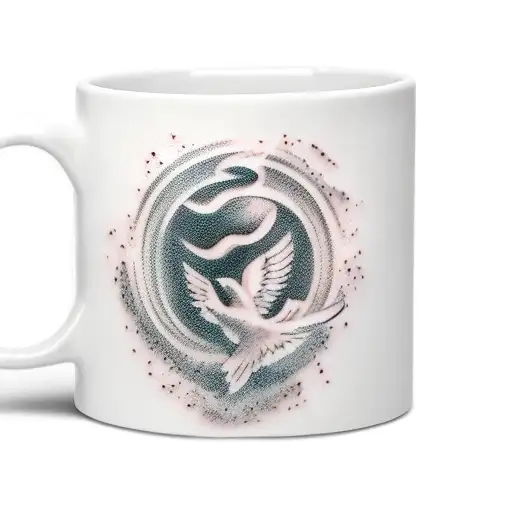 steaming coffee mug turning to dove with halo on its head tattoo design idea