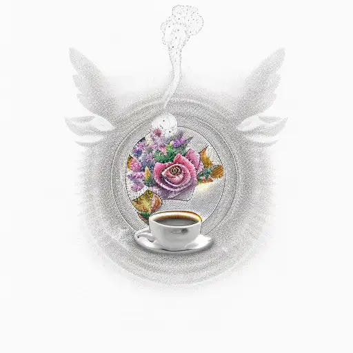 steaming coffee mug. steam turning to dove with halo on its head. surrounded by a flower garden tattoo design idea