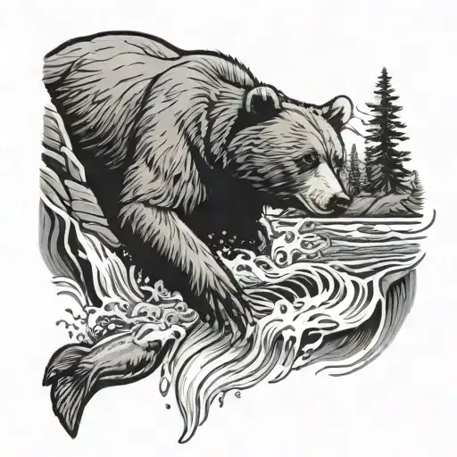 A black-grey tattoo of a bear catching a fish in a rushing river with mountains in the background tattoo design idea
