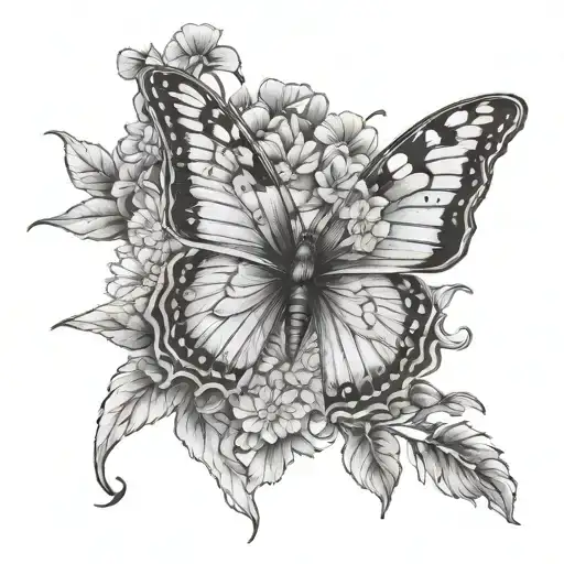 one butterfly with marigolds and forget me nots flowers tattoo design idea