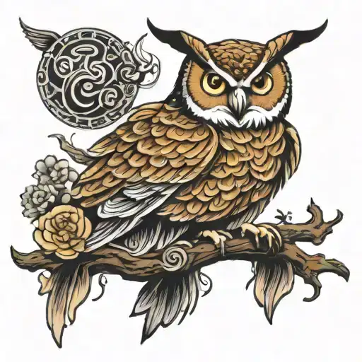wise owl perched on capricorn goat   tattoo design idea