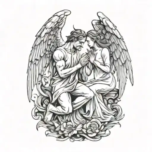 angel woman standing vs devil man kneeling praying tattoo design idea