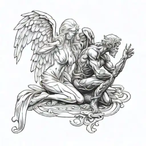angel woman half standing vs devil man half kneeling tattoo design idea