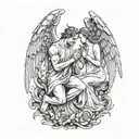 angel woman standing vs devil man kneeling praying tattoo design idea