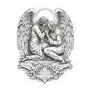 angel woman standing vs devil man kneeling praying tattoo design idea
