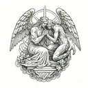 angel woman standing vs devil man kneeling praying tattoo design idea