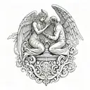 angel woman standing vs devil man kneeling praying tattoo design idea