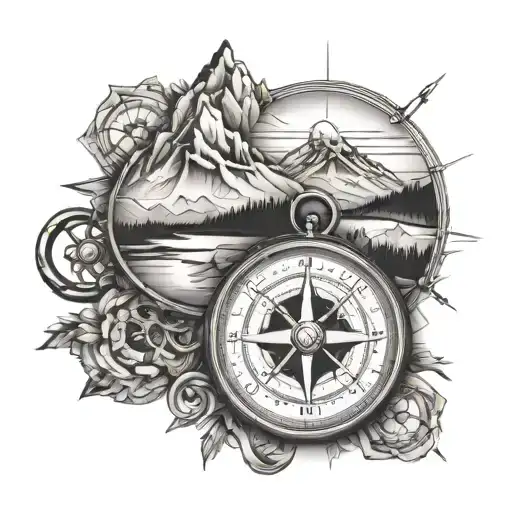 Compass and mountains and travelling  tattoo design idea