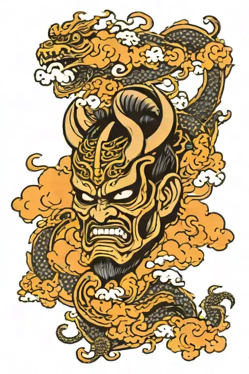 a samurai oni mask, a dragon and Japanese clouds in the background tattoo design idea
