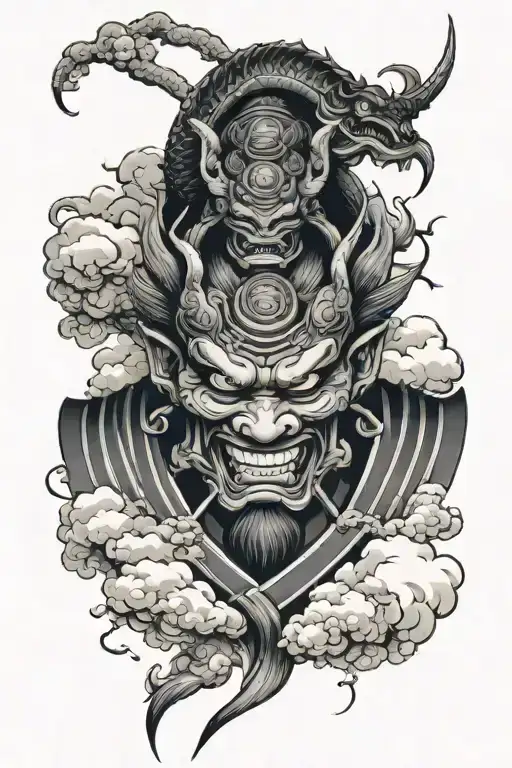 a oni samurai mask, a dragon and japaneses clouds in the background black and white in the forearm tattoo design idea