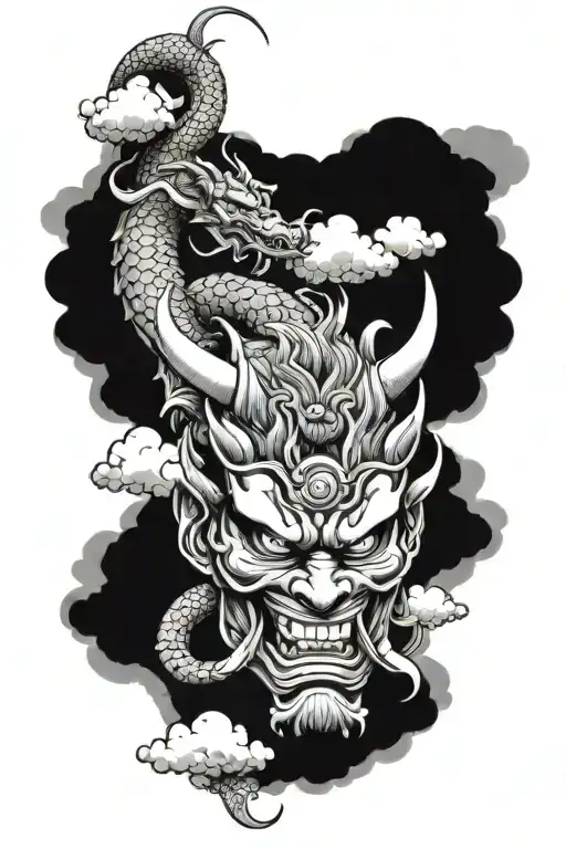 a oni samurai mask, a dragon and japaneses clouds in the background black and white tattoo design idea