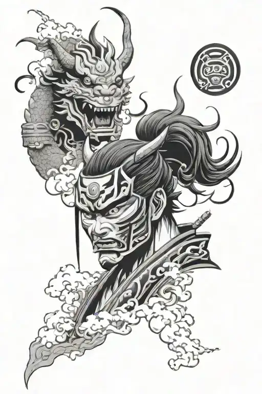 a oni samurai mask, a dragon and naruto clouds in the background black and white  tattoo design idea