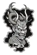 a oni samurai mask, a dragon and japaneses clouds in the background black and white tattoo design idea