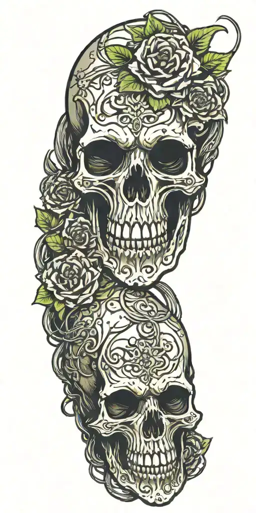 Cthulhu skull shoulder with colorfulf tropcal flower sleeve and a subtle strand of rusty barbed wire.   tattoo design idea