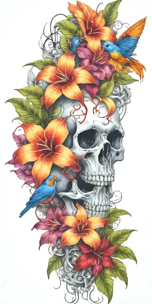 orange Birds of paradise, red poinsettia, blue orchids, pink peonies, and hibiscus flower with one skull and barbed wire tattoo design idea