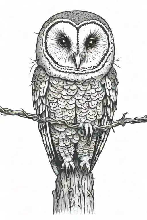 barn owl perched on a old barbed wire fence post tattoo design idea