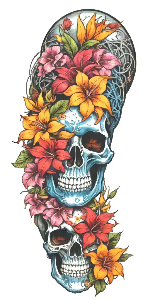 orange Birds of paradise, red poinsettia, blue orchids, pink peonies, and hibiscus flower with one skull and barbed wire tattoo design idea