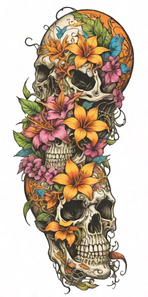 orange Birds of paradise, red poinsettia, blue orchids, pink peonies, and hibiscus flowers with skulls and barbed wire tattoo design idea