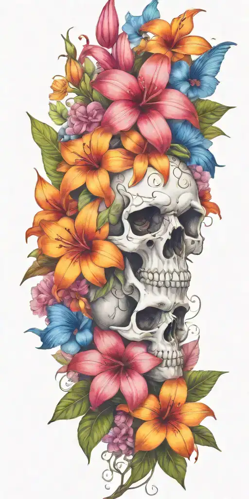 orange Birds of paradise, red poinsettia, blue orchids, pink peonies, and hibiscus flower with a small skull buried  tattoo design idea