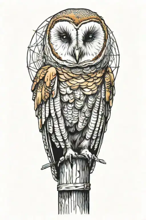 barn owl perched on a old barbed wire fence post tattoo design idea