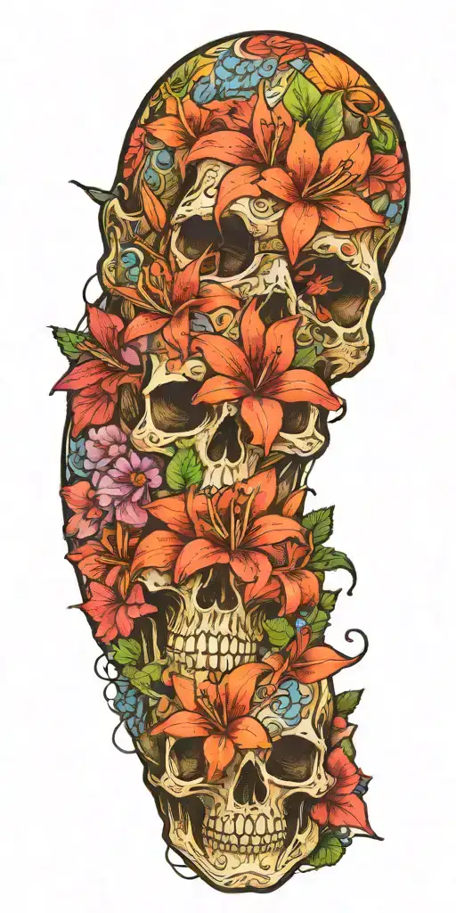 orange Birds of paradise, red poinsettia, blue orchids, pink peonies, and hibiscus flowers with skulls and barbed wire tattoo design idea