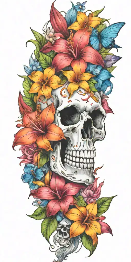 orange Birds of paradise, red poinsettia, blue orchids, pink peonies, and hibiscus flower with a small skull buried  tattoo design idea