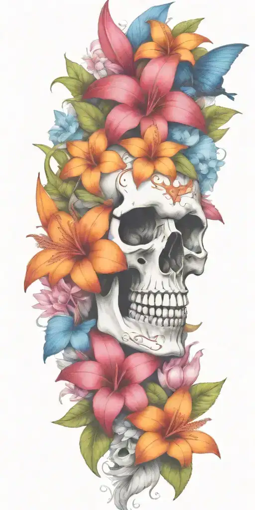 orange Birds of paradise, red poinsettia, blue orchids, pink peonies, and hibiscus flower with a small skull buried  tattoo design idea