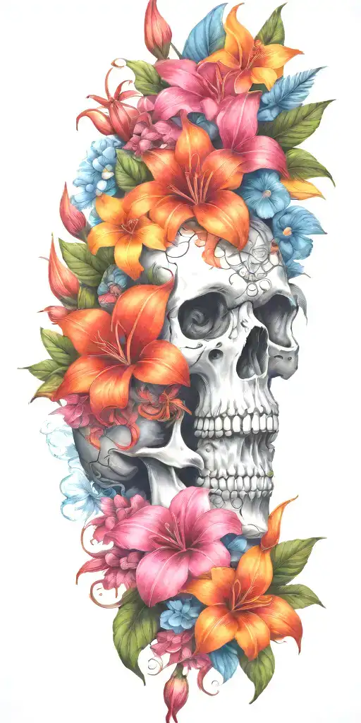 orange Birds of paradise, red poinsettia, blue orchids, pink peonies, and hibiscus flower with a small skull buried  tattoo design idea