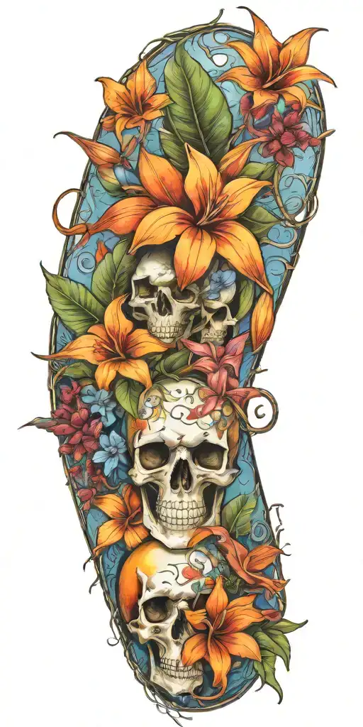 orange Birds of paradise, red poinsettia, blue orchids, and hibiscus flowers with skulls and barbed wire tattoo design idea