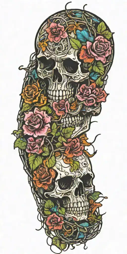 Mostly tropical flowers with skulls hidden within and strands of rusted barbed wire tattoo design idea